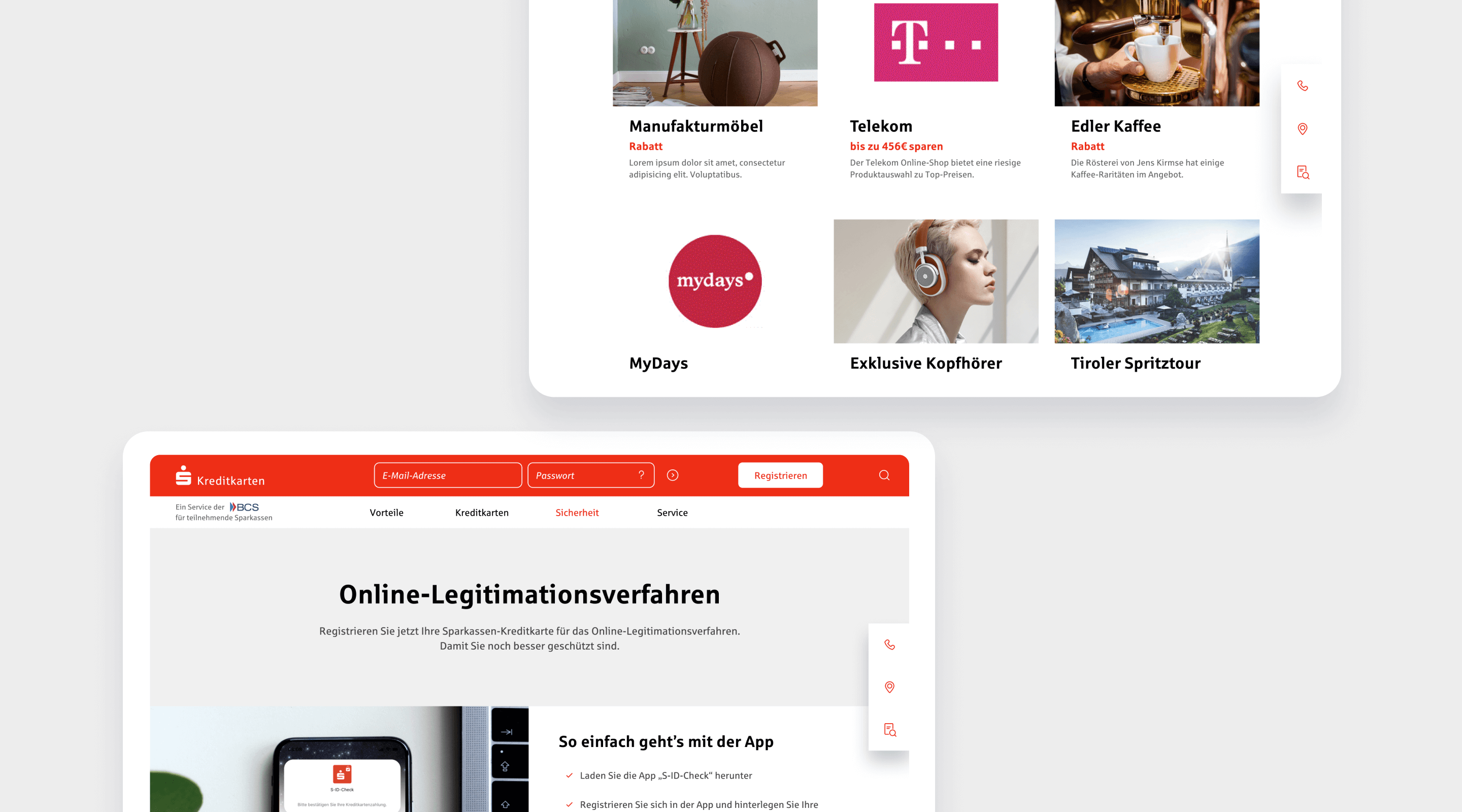 Screens der Startseite des Sparkassen Kreditkartenportals